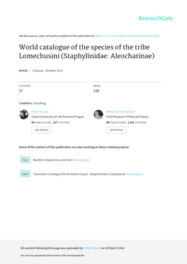World Catalogue of the Species of the Tribe Lomechusini (Staphylinidae: Aleocharinae)