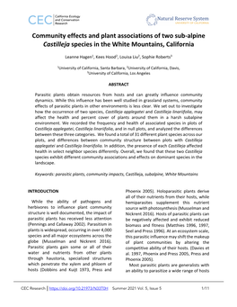 Community Effects and Plant Associations of Two Sub-Alpine Castilleja Species in the White Mountains, California