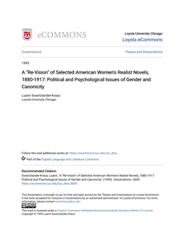 Of Selected American Women's Realist Novels, 1880-1917: Political and Psychological Issues of Gender and Canonicity