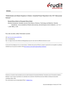 "Waterwheels and Steam Engines in Ontario: Industrial Power Reported in the 1871 Manuscript Census"