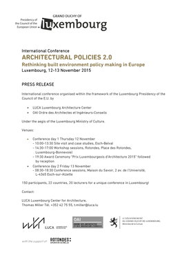 ARCHITECTURAL POLICIES 2.0 Rethinking Built Environment Policy Making in Europe Luxembourg, 12-13 November 2015