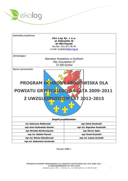 Program Ochrony Środowiska Dla Powiatu Gryfickiego Na Lata 2009-2011 Z Uwzględnieniem Lat 2012-2015