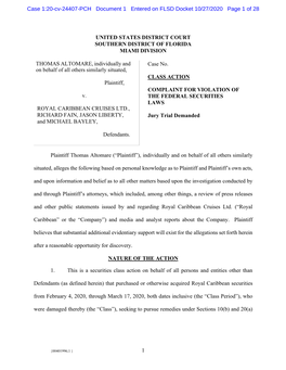 1 UNITED STATES DISTRICT COURT SOUTHERN DISTRICT of FLORIDA MIAMI DIVISION THOMAS ALTOMARE, Individually and on Behalf of All Ot