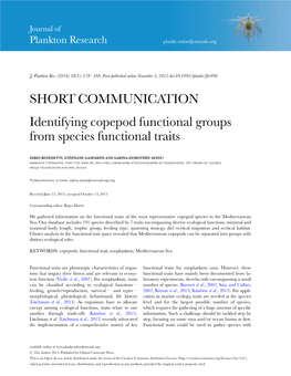 SHORT COMMUNICATION Identifying Copepod Functional Groups from Species Functional Traits