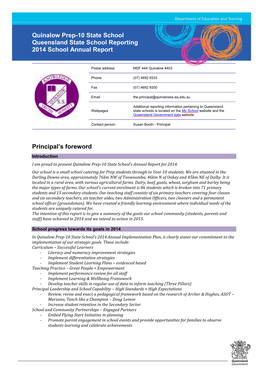 Quinalow Prep-10 State School Annual Report 2014