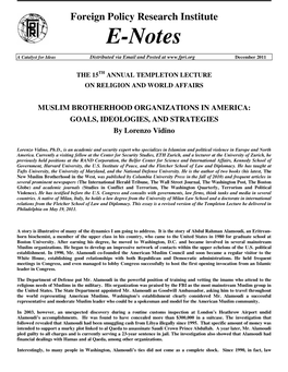 MUSLIM BROTHERHOOD ORGANIZATIONS in AMERICA: GOALS, IDEOLOGIES, and STRATEGIES by Lorenzo Vidino