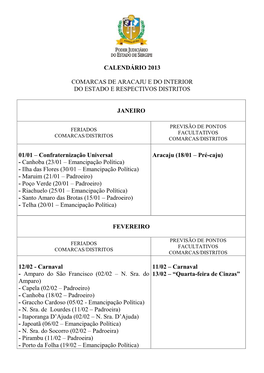 Calendário 2013 Comarcas De Aracaju E Do Interior Do Estado E Respectivos Distritos Janeiro