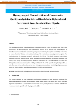 Hydrogeological Characteristics and Groundwater Quality Analysis for Selected Boreholes in Ogbaru Local Government Area, Anambra State, Nigeria