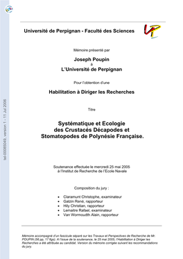 [Tel-00085049, V1] Systématique Et Ecologie Des Crustacés Décapodes