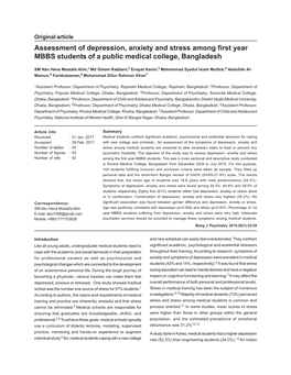 Assessment of Depression, Anxiety and Stress Among First Year MBBS Students of a Public Medical College, Bangladesh