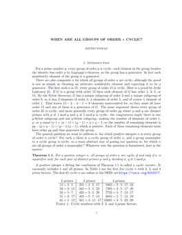 1. Introduction for a Prime Number P, Every Group of Order P Is Cyclic