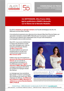 COMMUNIQUE DE PRESSE Iris MITTENAERE, Miss France 2016