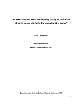 'An Assessment of Asset and Liquidity Quality As Indicators of Performance Within the European Banking Sector'