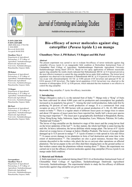 Bio-Efficacy of Newer Molecules Against Slug Caterpillar (Parasa Lepida L) on Mango