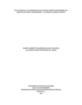 Evaluacion De La Vulnerabilidad Del Recurso Hidrico Subterraneo Del Municipio De Tenjo, Cundinamarca Utilizando El Modelo Drastic