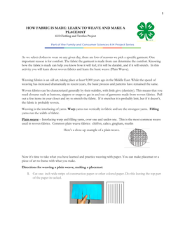 LEARN to WEAVE and MAKE a PLACEMAT 4-H Clothing and Textiles Project