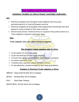 SST LESSON 19 NOTES and ACTIVITY. EUROPEAN TRADERS in AFRICA/TRADE/ CHARTERED COMPANIES. Def. • Chartered Companies Were Europ