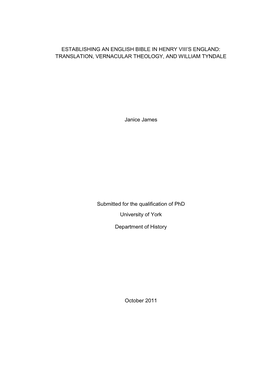 Establishing an English Bible in Henry Viii’S England: Translation, Vernacular Theology, and William Tyndale