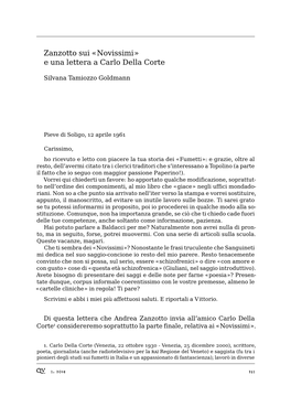 Novissimi» E Una Lettera a Carlo Della Corte