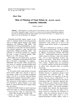 Rate of Filtering of Fecal Pellets by Acartia Omorii (Copepoda; Calanoida)