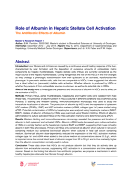 Role of Albumin in Hepatic Stellate Cell Activation the Antifibrotic Effects of Albumin