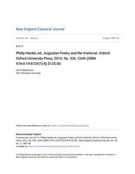 Philip Hardie, Ed., Augustan Poetry and the Irrational. Oxford: Oxford University Press, 2016