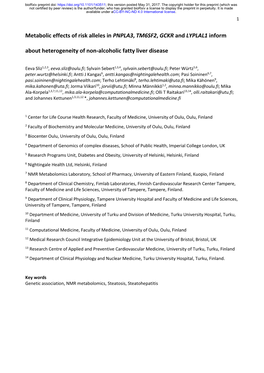 Metabolic Effects of Risk Alleles in PNPLA3, TM6SF2, GCKR and LYPLAL1 Inform About Heterogeneity of Non-Alcoholic Fatty Liver Disease