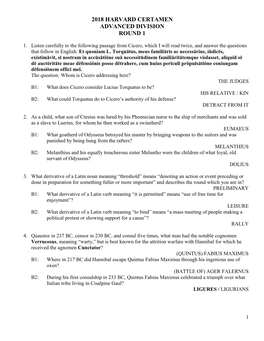 2018 Harvard Certamen Advanced Division Round 1