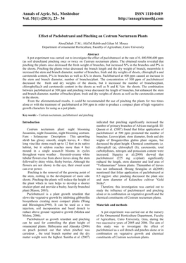 Effect of Paclobutrazol and Pinching on Cestrum Nocturnum Plants