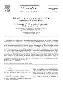 Past and Recent Changes in Air and Permafrost Temperatures in Eastern Siberia ⁎ V.E