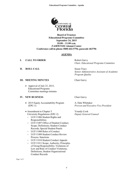Board of Trustees Educational Programs Committee September 24, 2015 10:00 – 11:00 A.M