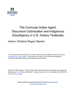 The Curricular Indian Agent: Discursive Colonization and Indigenous (Dys)Agency in U.S