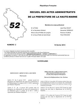 Recueil Des Actes Administratifs De La Préfecture De La Haute-Marne