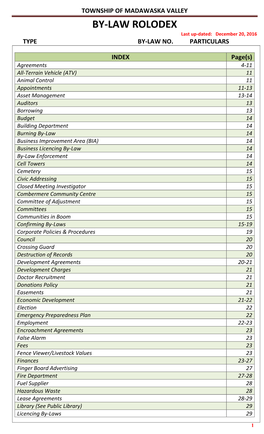 TOWNSHIP of MADAWASKA VALLEY BY-LAW ROLODEX Last Up-Dated: December 20, 2016 TYPE BY-LAW NO
