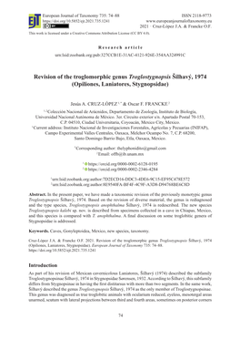 Revision of the Troglomorphic Genus Troglostygnopsis Šilhavý, 1974 (Opiliones, Laniatores, Stygnopsidae)