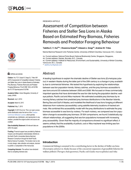 Assessment of Competition Between Fisheries and Steller Sea Lions in Alaska Based on Estimated Prey Biomass, Fisheries Removals and Predator Foraging Behaviour