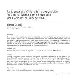 La Prensa Espan˜Ola Ante La Designación De Adolfo Suárez