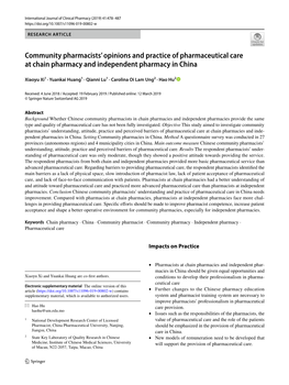 Community Pharmacists' Opinions and Practice of Pharmaceutical Care At