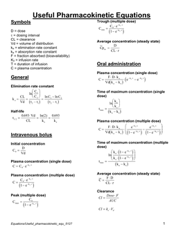 Useful Pharmacokinetic Equations Symbols Trough (Multiple Dose) K E  Ce0  Cmin  D = Dose 1 Ek E   = Dosing Interval