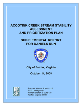 Accotink Creek Stream Stability Assessment and Prioritization Plan Supplemental Report for Daniels