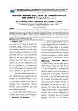 MICROWAVE ASSISTED EXTRACTION and ANALYSIS of COTTON SEED OILFROM Gossypium Herbaceum L