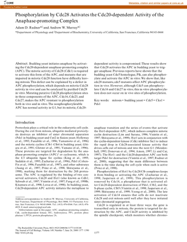 Phosphorylation by Cdc28 Activates the Cdc20-Dependent Activity of the Anaphase-Promoting Complex Adam D