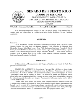 Senado De Puerto Rico Diario De Sesiones Procedimientos Y Debates De La Decimocuarta Asamblea Legislativa Septima Sesion Ordinaria Año 2004 Vol