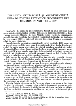 Din Lupta Antifascista Şi Antirevizionista Dusa De Forţele Patriotice Progresiste Din România În Anii 1936 - 1937