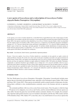 Zootaxa, a New Species of Leucochrysa and a Redescription Of