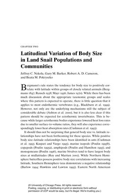 Latitudinal Variation of Body Size in Land Snail Populations and Communities Jeffrey C