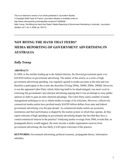 Not Biting the Hand That Feeds? Media Reporting of Government Advertising in Australia', Journalism Studies, Vol.7, Iss