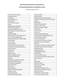 2019 Student Organizations and Activities Fair Participating Organizations (In Alphabetical Order)