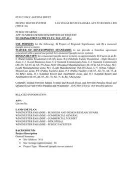 02/03/21 Bcc Agenda Sheet People Mover System Las Vegas Blvd S/Sahara Ave to Russell Rd (Title 30) Public Hearing App. Number/Ow