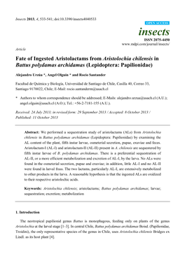 Fate of Ingested Aristolactams from Aristolochia Chilensis in Battus Polydamas Archidamas (Lepidoptera: Papilionidae)